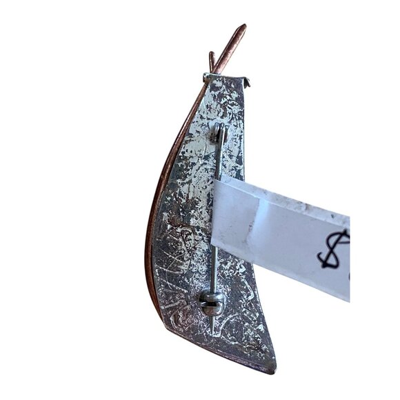 Vintage Abstract Silver Tone Brooch With Turquoise Stone & Copper Accents - Picture 2 of 7